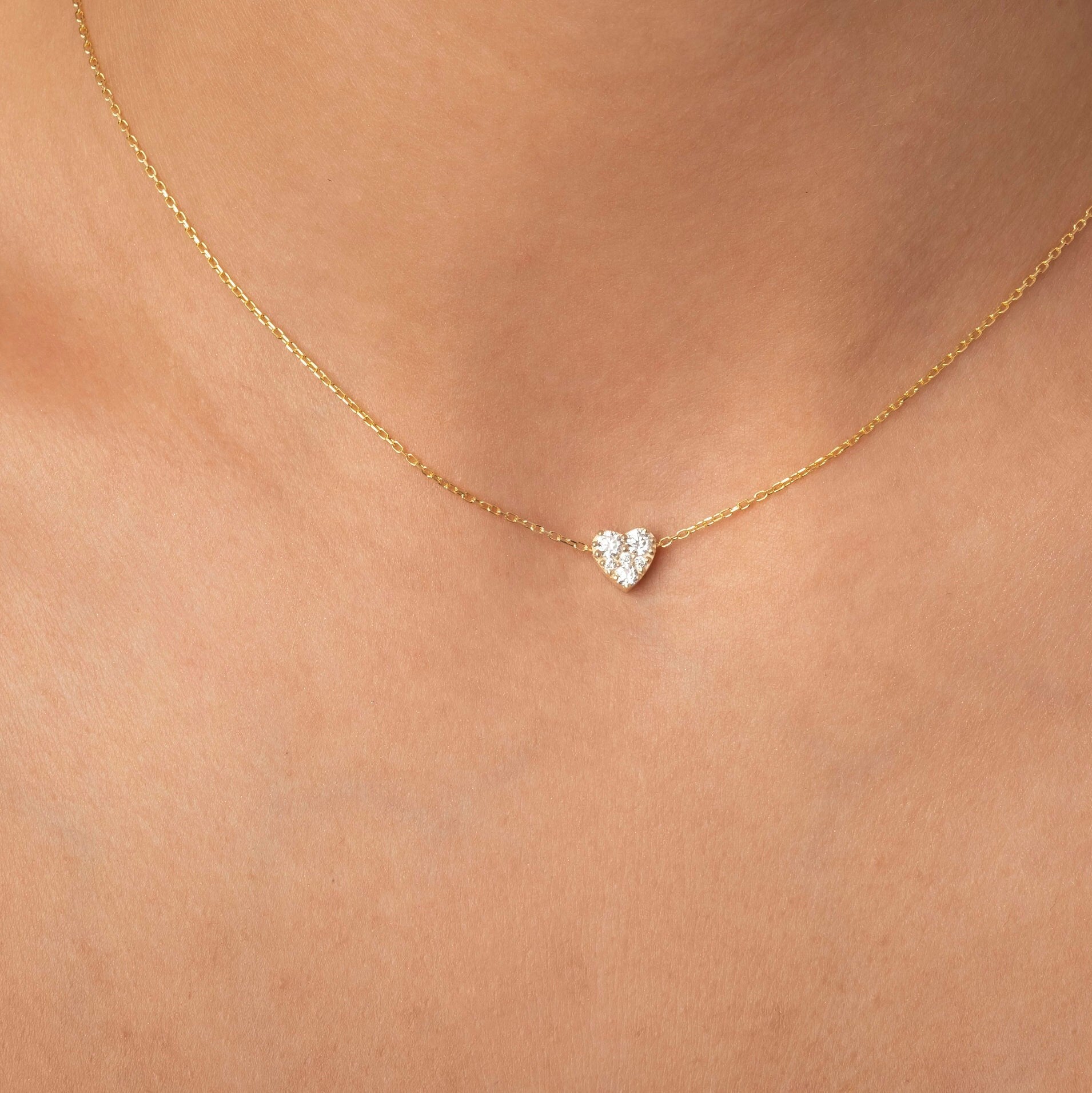 Diamond Sliding Heart Necklace / 14k Gold and Diamond Heart Necklace / Dainty Necklace / Birthday Graduation Anniversary Bridal Gift