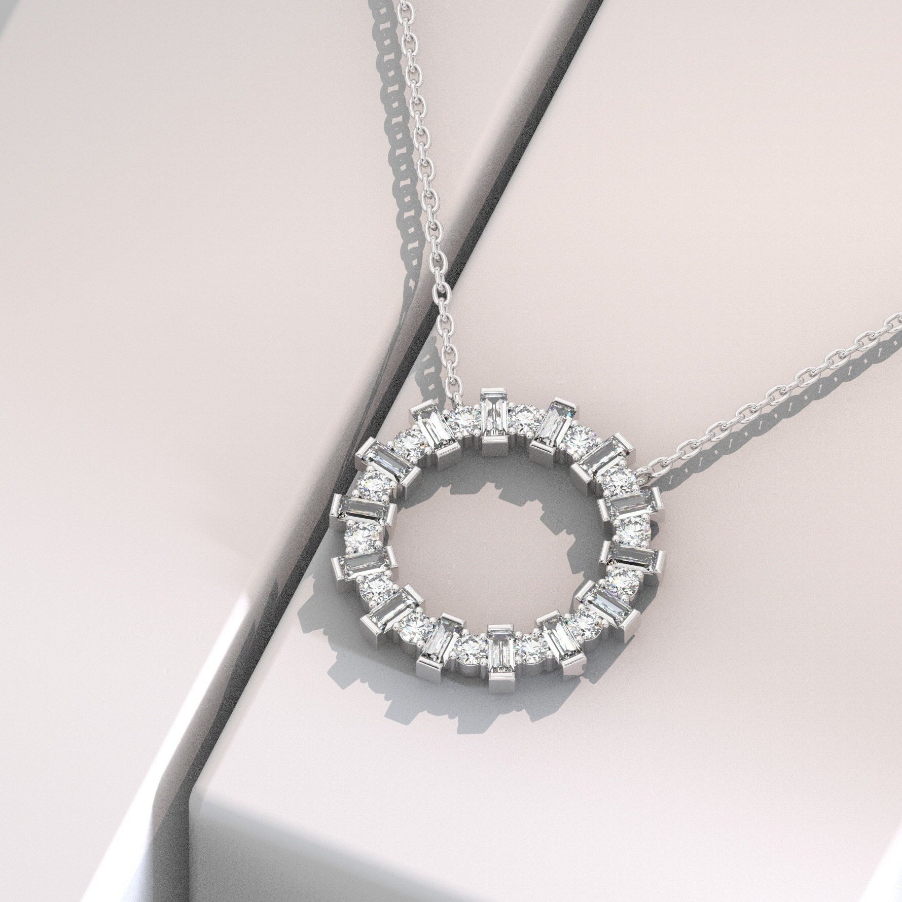 14k Gold and Diamond Circle Necklace / Baguette Round Diamond Circle Necklace / Large Diamond Circle / Circle of Life Necklace / Gold Circle