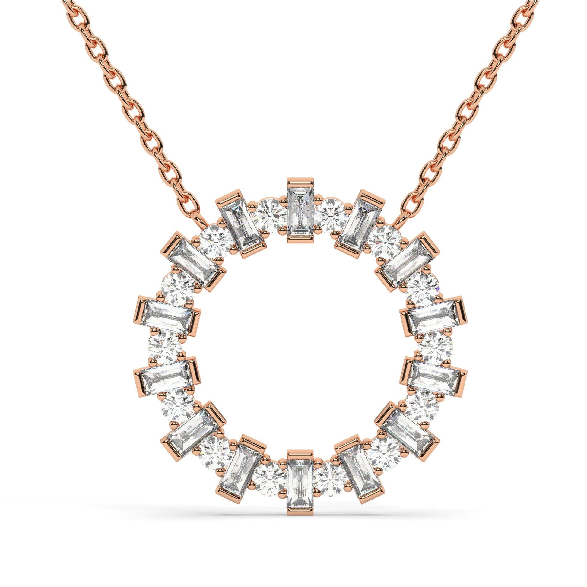 14k Gold and Diamond Circle Necklace / Baguette Round Diamond Circle Necklace / Large Diamond Circle / Circle of Life Necklace / Gold Circle