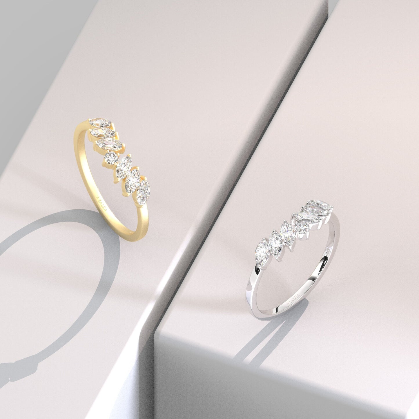 Marquise Diamond Curved Wedding Band / 14k Marquise and Round Diamond Wedding Ring / Stacking Ring / Diamond Bridal Gift Ideas