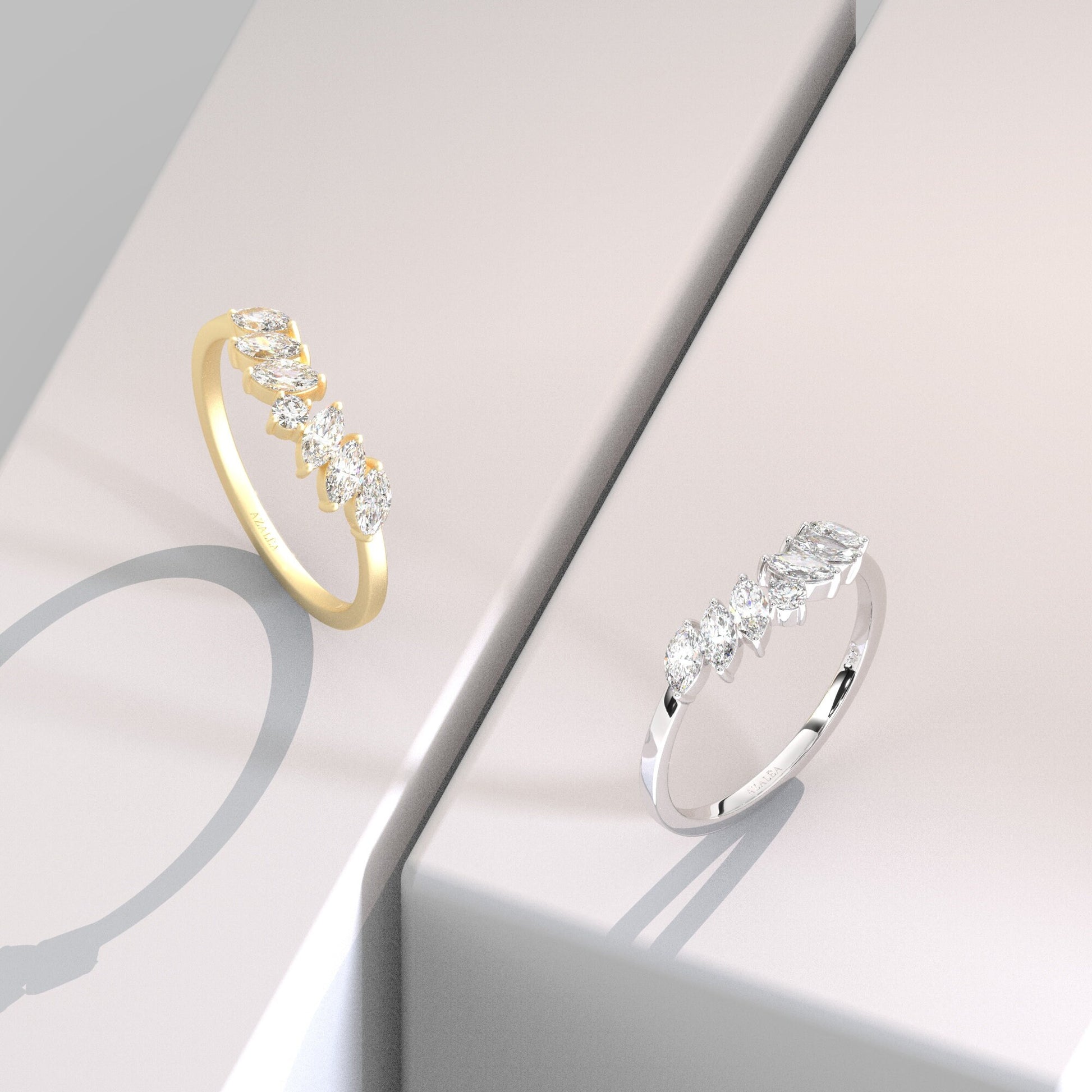 Marquise Diamond Curved Wedding Band / 14k Marquise and Round Diamond Wedding Ring / Stacking Ring / Diamond Bridal Gift Ideas