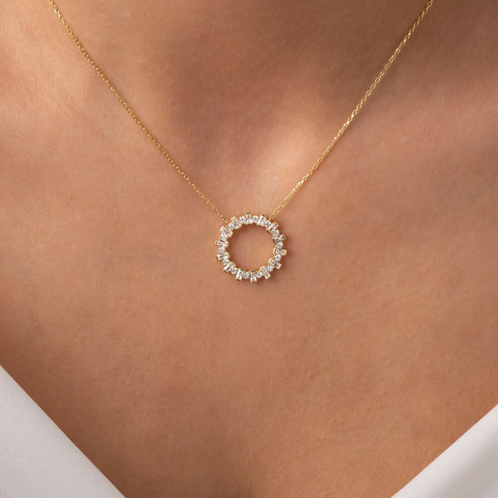 14k Gold and Diamond Circle Necklace / Baguette Round Diamond Circle Necklace / Large Diamond Circle / Circle of Life Necklace / Gold Circle