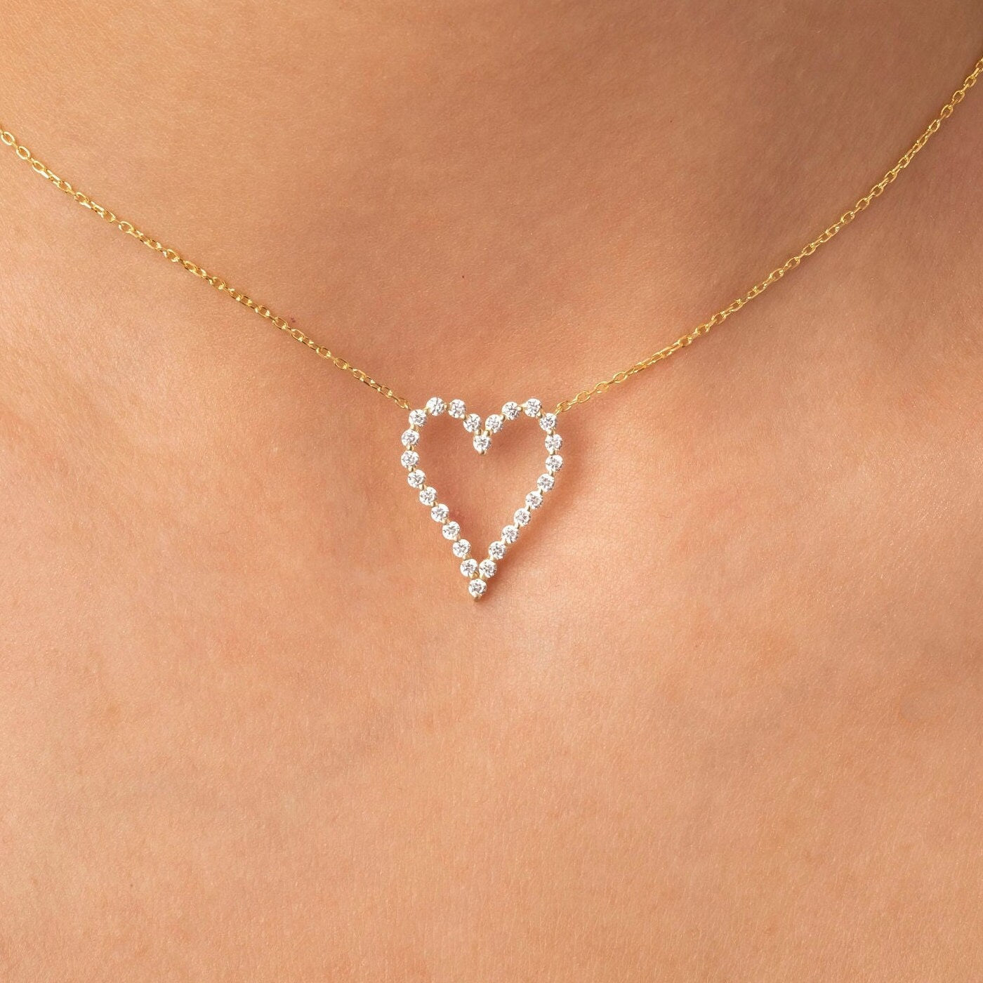 Diamond Heart Necklace / 14k Gold Diamond Curved Heart Necklace / Floating Diamond Love Jewelry