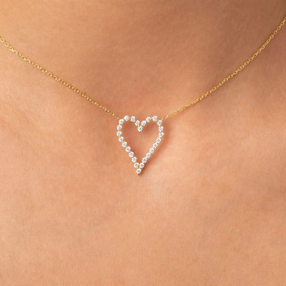Diamond Heart Necklace / 14k Gold Diamond Curved Heart Necklace / Floating Diamond Love Jewelry