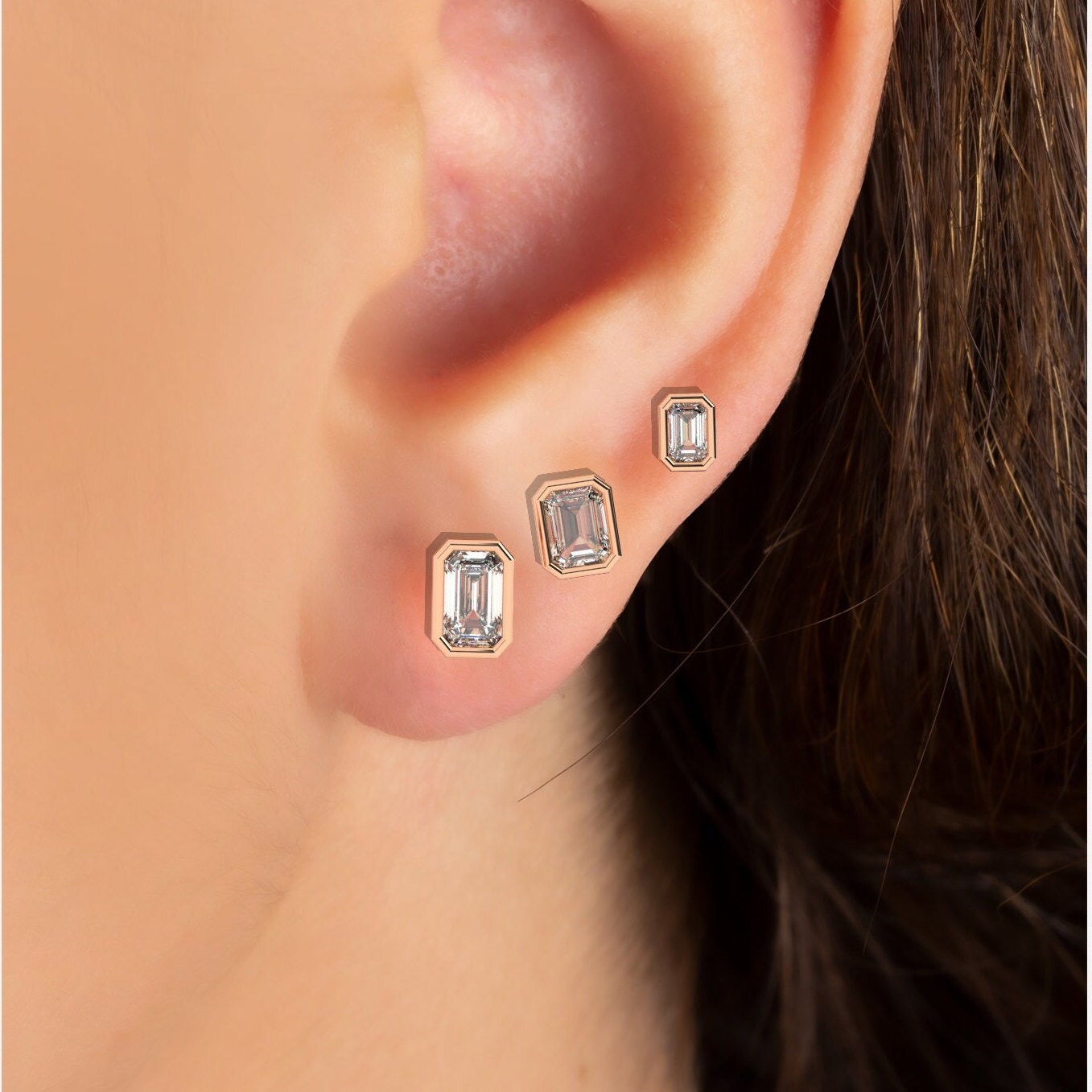 Emerald Cut Diamond Studs / 14k Gold Diamond Bezel Set Stud Earrings / 0.10 - 0.50 ct Solitaire Baguette Studs / Minimalist Dainty Studs