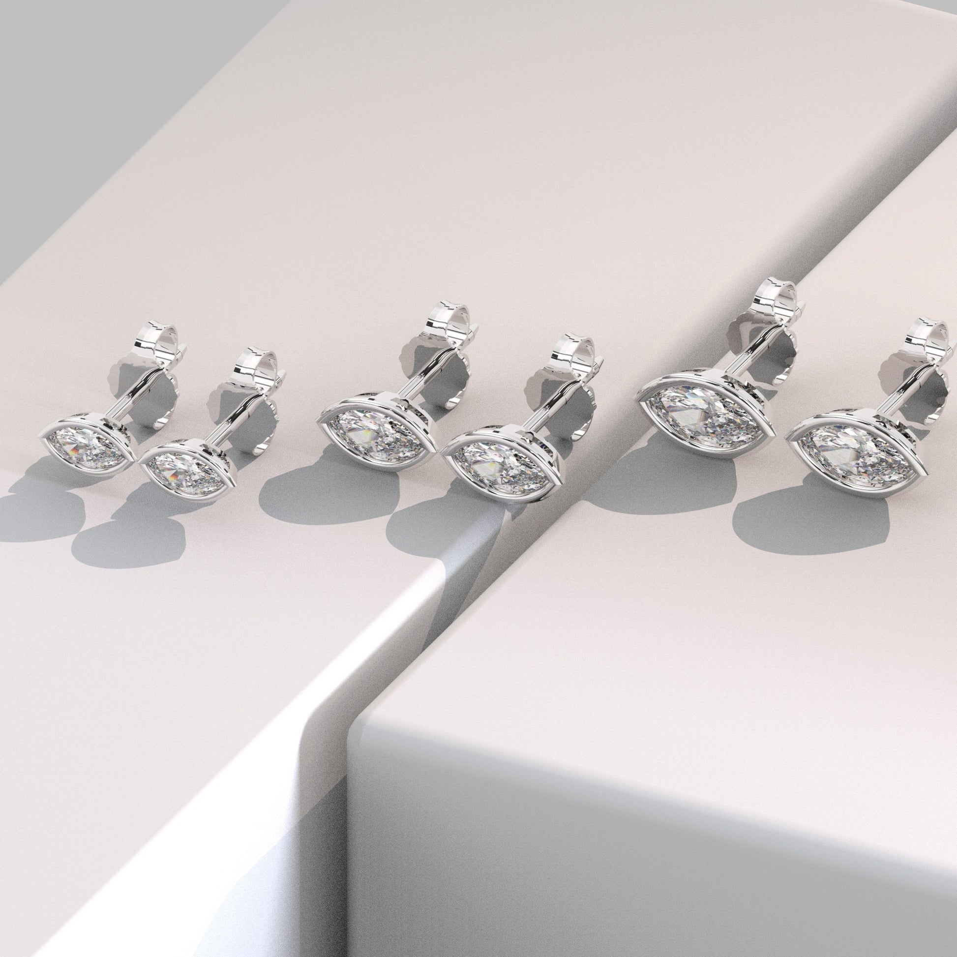 Diamond Solitaire Earrings / 14k Gold Diamond Bezel Set Earrings / 0.15 - 1.40 ct Marquise Diamond Studs / Gift for her