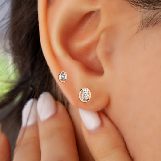 Oval Shape Diamond Studs / 14k Gold Bezel Set Stud Earrings / 0.10 - 0.50 ct Baguette Studs / Anniversary Bridal Birthday Jewelry Gift
