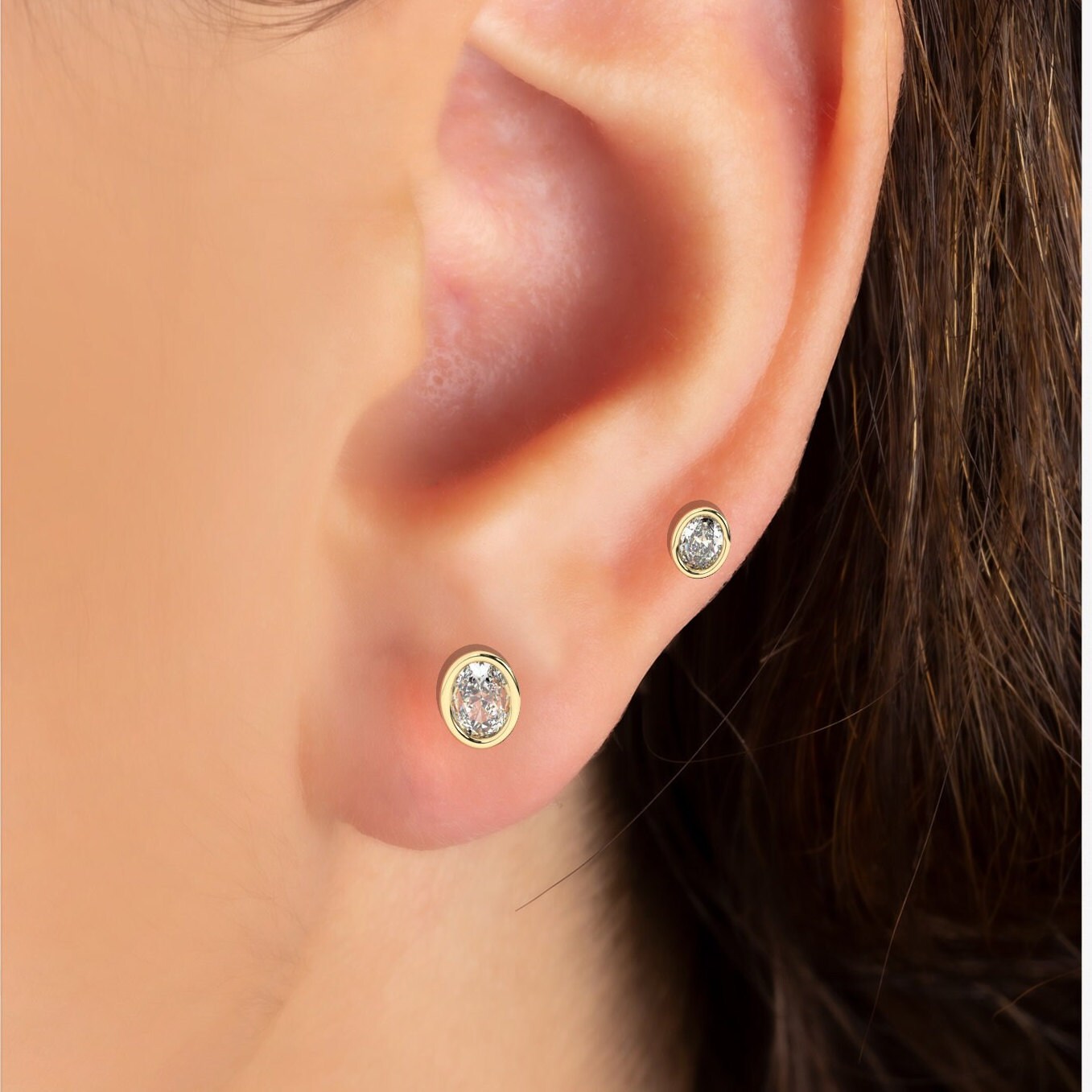 Oval Shape Diamond Studs / 14k Gold Bezel Set Stud Earrings / 0.10 - 0.50 ct Baguette Studs / Anniversary Bridal Birthday Jewelry Gift