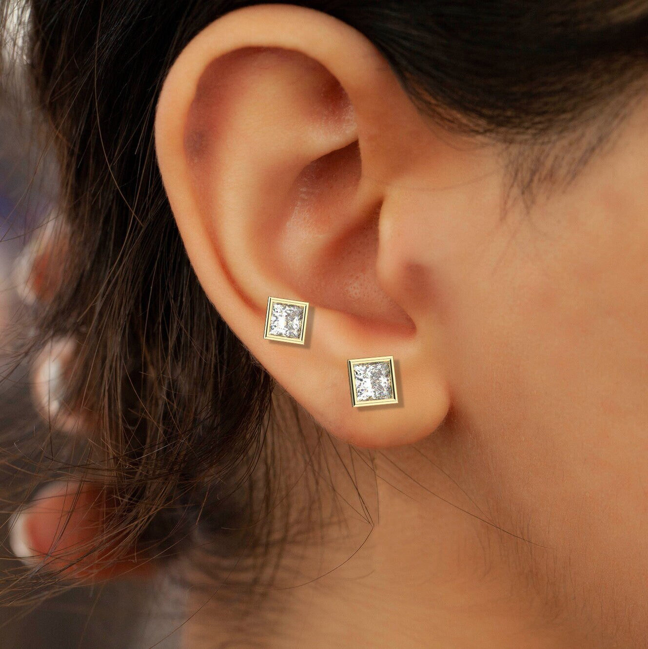 Princess Cut Diamond Studs / 14k Gold Diamond Bezel Set Stud Earrings / 0.10 - 0.50 ct Diamond Studs / Princess Solitaire Studs