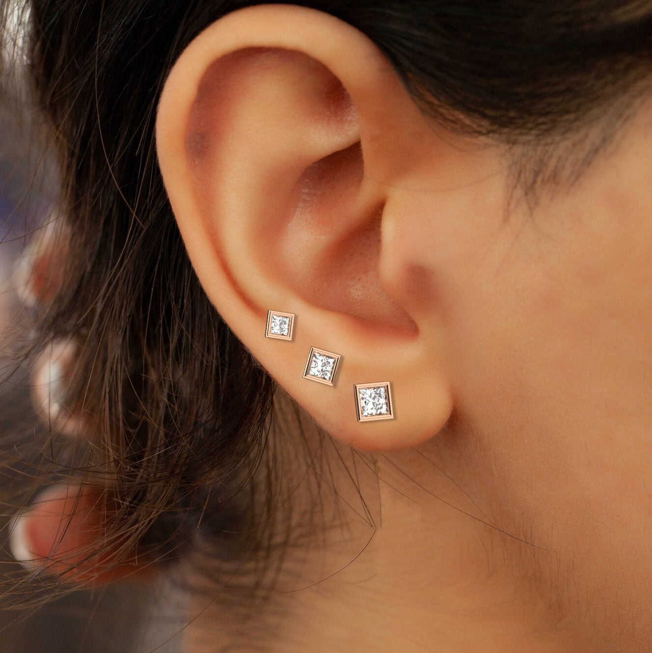 Princess Cut Diamond Studs / 14k Gold Diamond Bezel Set Stud Earrings / 0.10 - 0.50 ct Diamond Studs / Princess Solitaire Studs