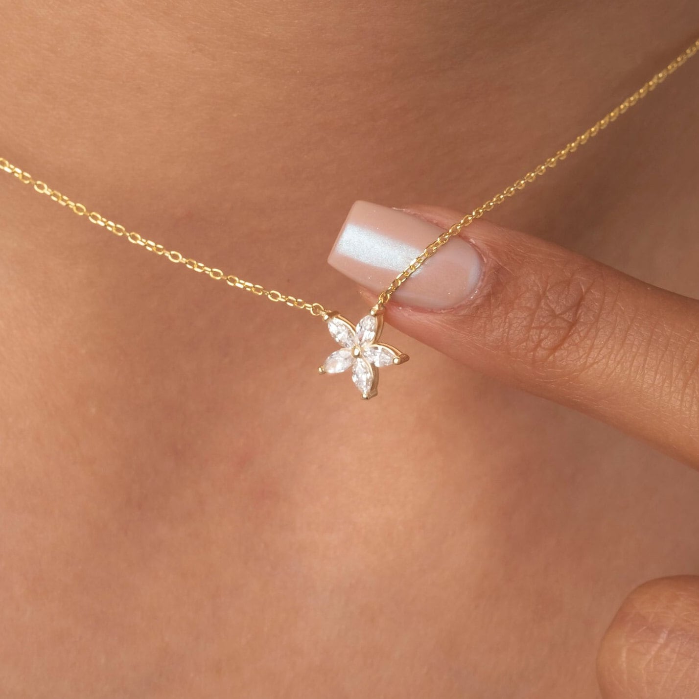 14k Gold Flower Diamond Necklace | Flower Petal Necklace | Marquise Diamond Necklace | Flower Pendant | Gift for Women | Bridesmaid Gift