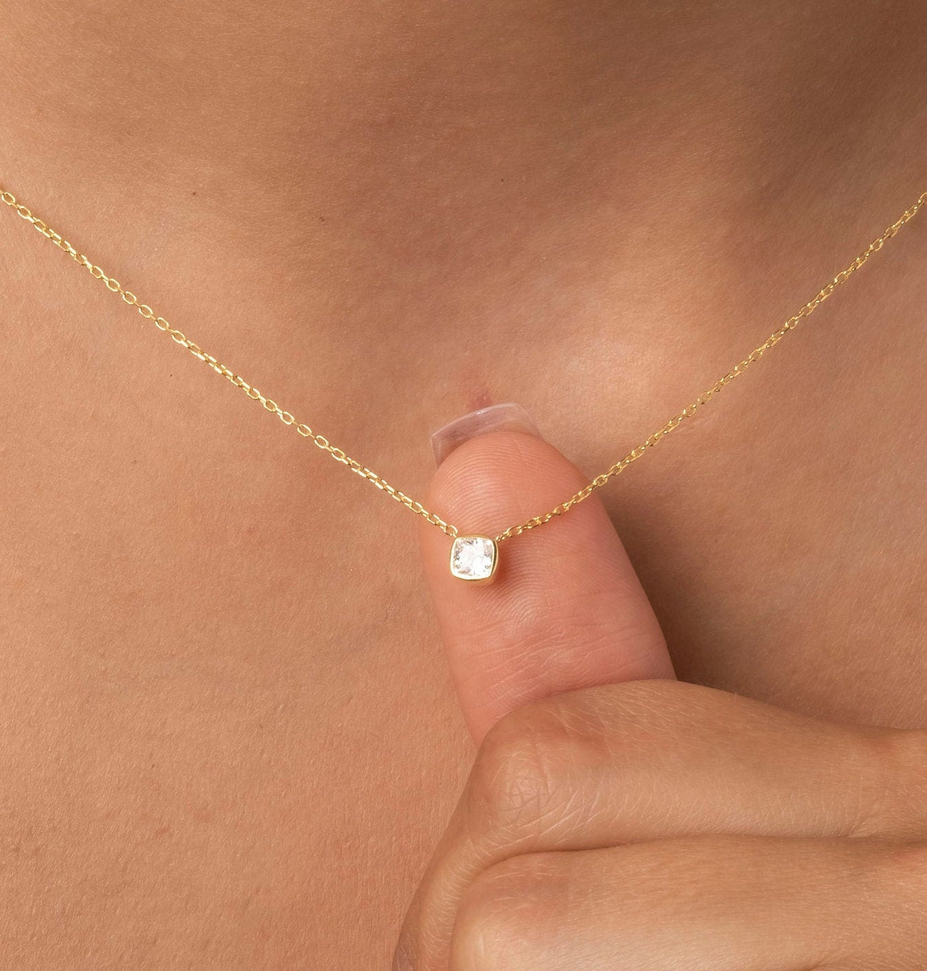 Bezel-Set Cushion Diamond Necklace / Minimalist Cushion Cut Solitaire Necklace / Dainty Solitaire Necklace / Birthday Gift