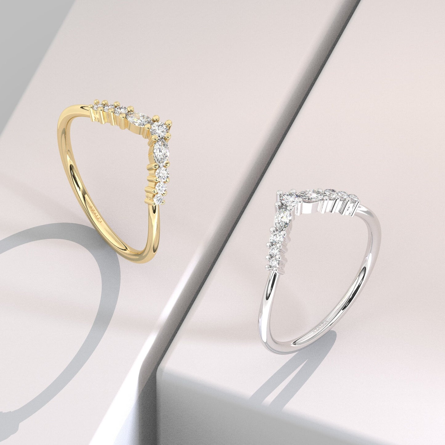 Curved Round Diamond Wedding Band / 14k Gold V Shape Marquise Diamond Wedding Ring / Curved Stacking Ring / Diamond Chevron Ring