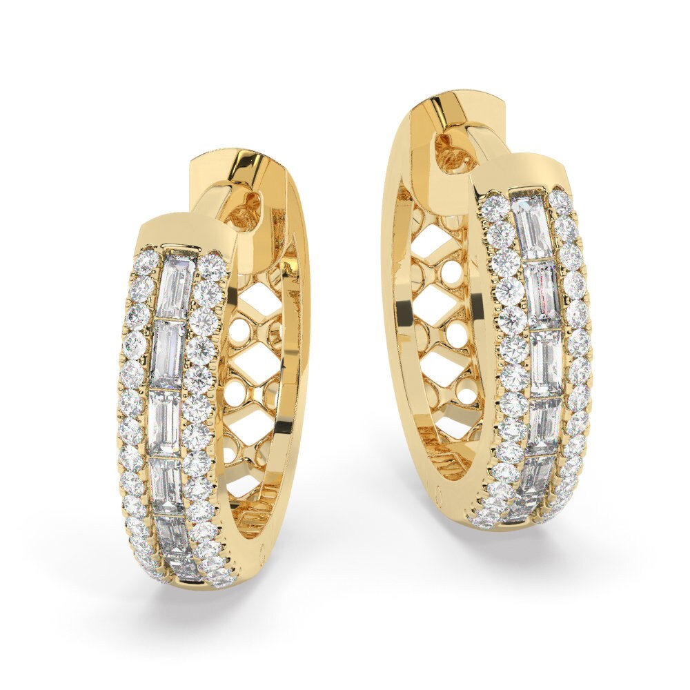 14k Gold Baguette Double Row Diamond Small Hoop Huggie Earrings/ Anniversary Birthday Bridal Wedding Gift for her/ Classic dainty earrings
