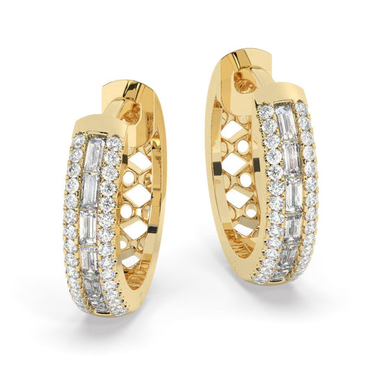 14k Gold Baguette Double Row Diamond Small Hoop Huggie Earrings/ Anniversary Birthday Bridal Wedding Gift for her/ Classic dainty earrings