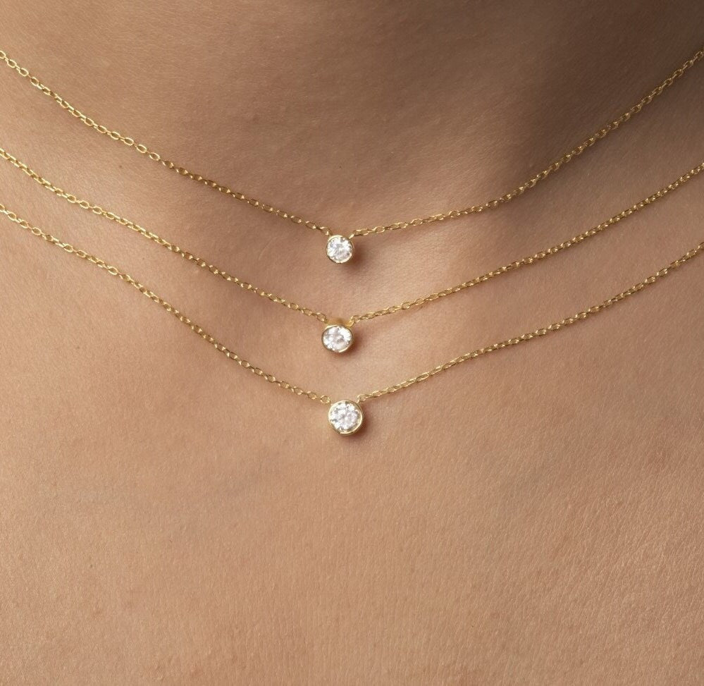 Bezel-Set Round Brilliant Cut Diamond Necklace / Minimalist Solitaire Necklace / Dainty Solitaire Necklace / Birthday Gift