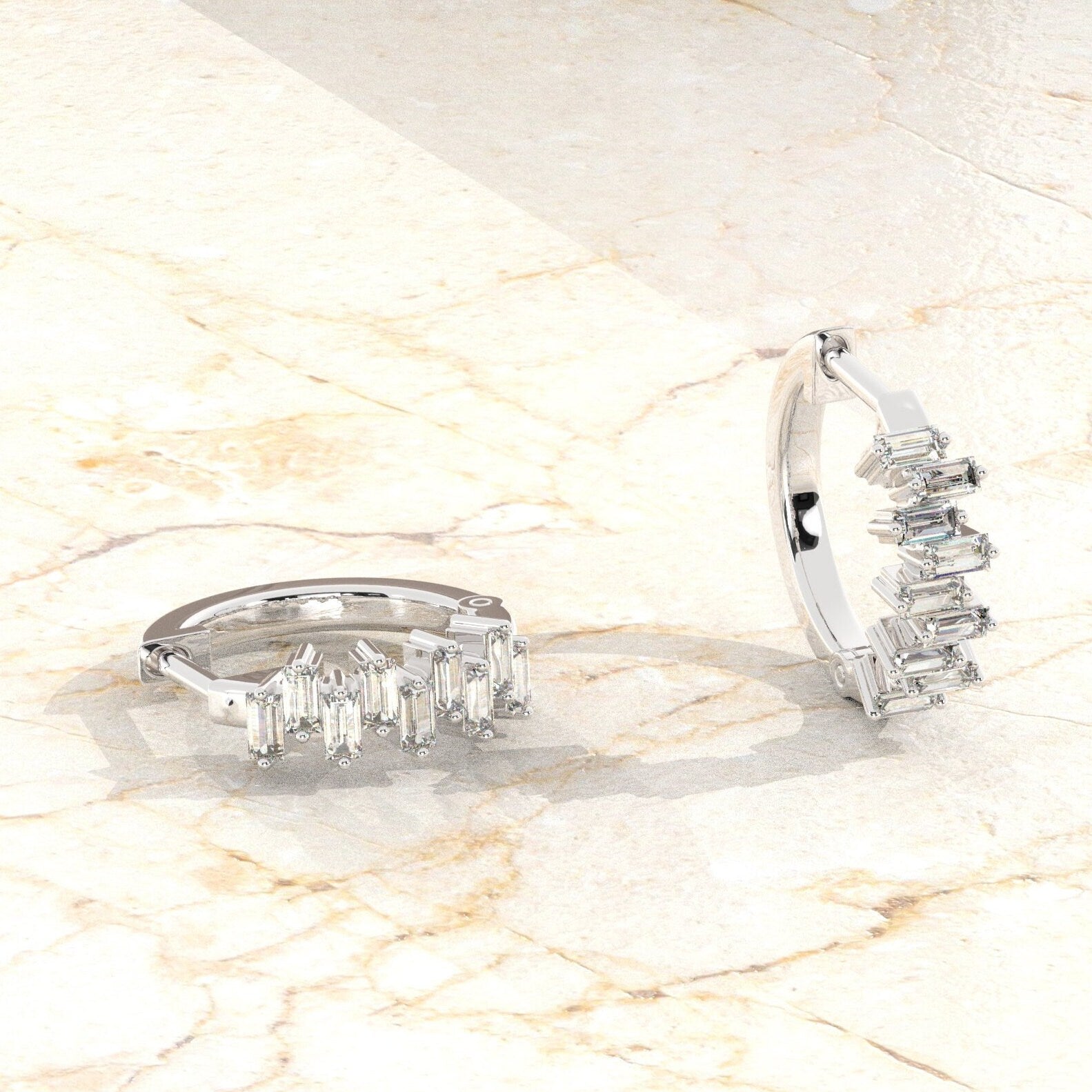 14k Gold Baguette Diamond Huggie Earrings / Diamond Hoop Earrings/ Anniversary Birthday Bridal Wedding Gift for her/ Classic earrings