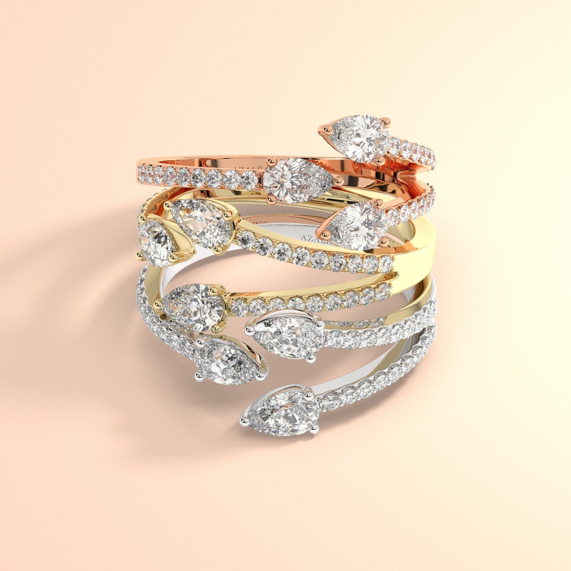 Triple Pear Diamond Cuff Ring / 14k Gold Diamond Statement Ring / Diamond Anniversary Ring / Birthday Wedding