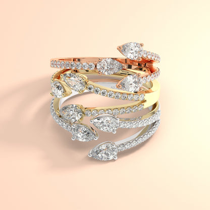 Triple Pear Diamond Cuff Ring / 14k Gold Diamond Statement Ring / Diamond Anniversary Ring / Birthday Wedding