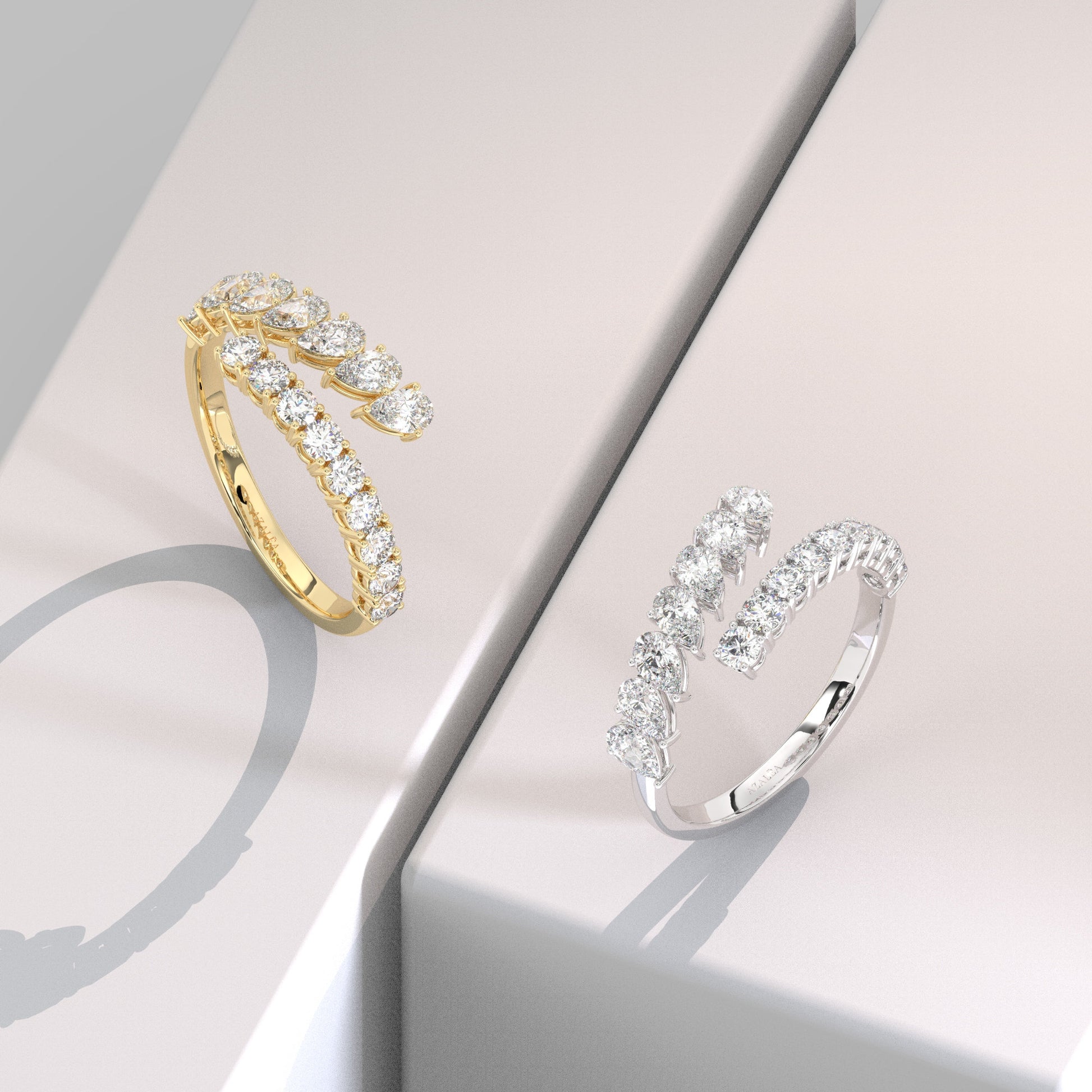 Pear and Round Diamond Cuff Ring / 14k Gold Diamond Wedding Ring / Diamond Cuff Ring / Pear Diamond Statement Ring / Birthday Wedding