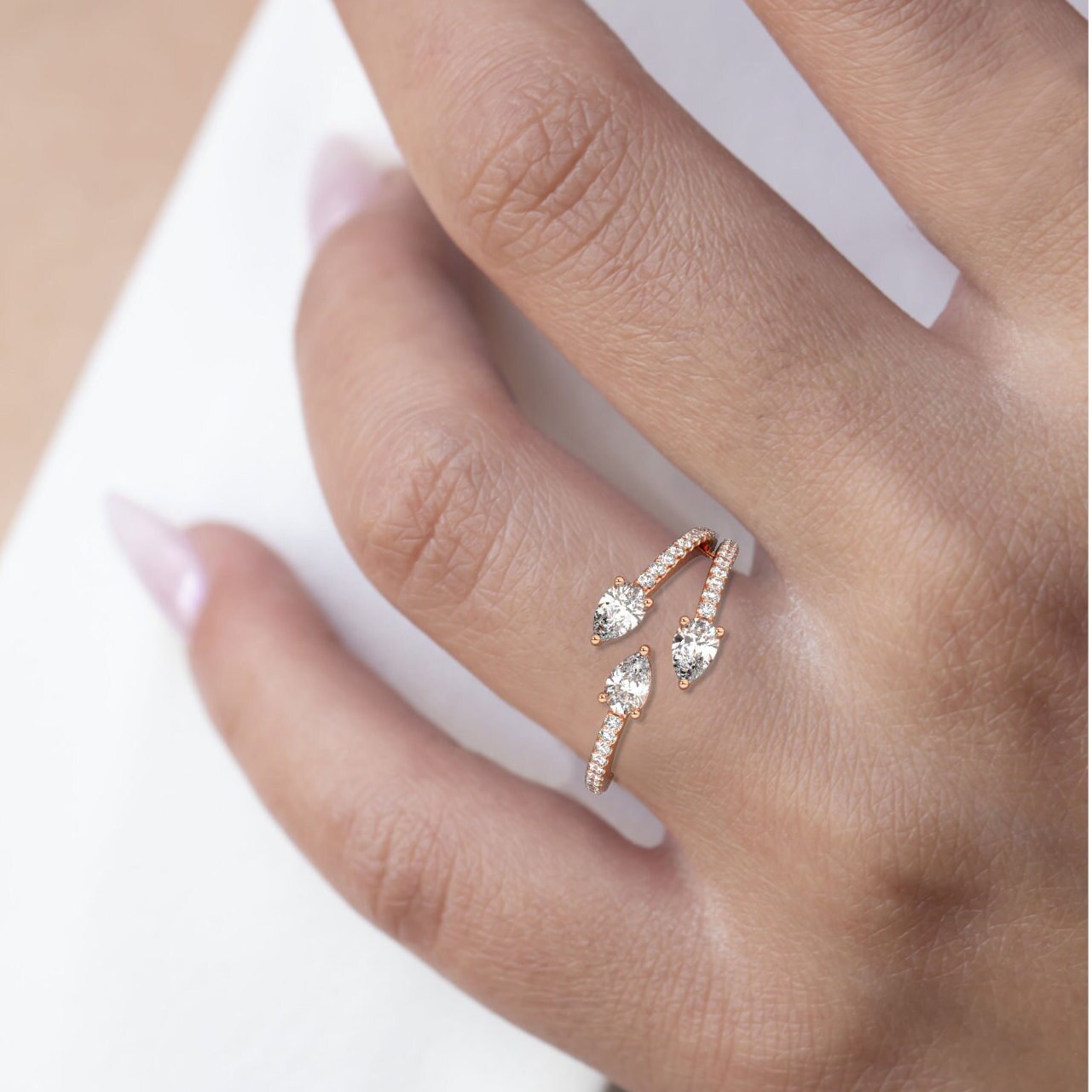Triple Pear Diamond Cuff Ring / 14k Gold Diamond Statement Ring / Diamond Anniversary Ring / Birthday Wedding