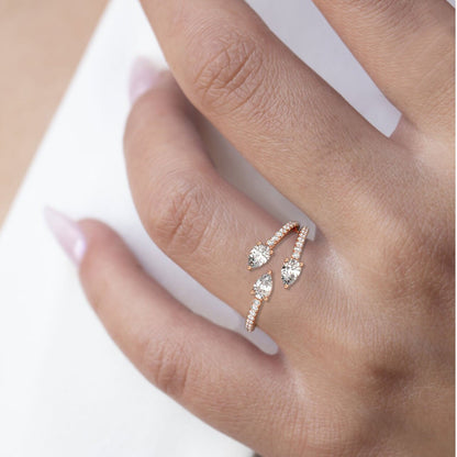 Triple Pear Diamond Cuff Ring / 14k Gold Diamond Statement Ring / Diamond Anniversary Ring / Birthday Wedding