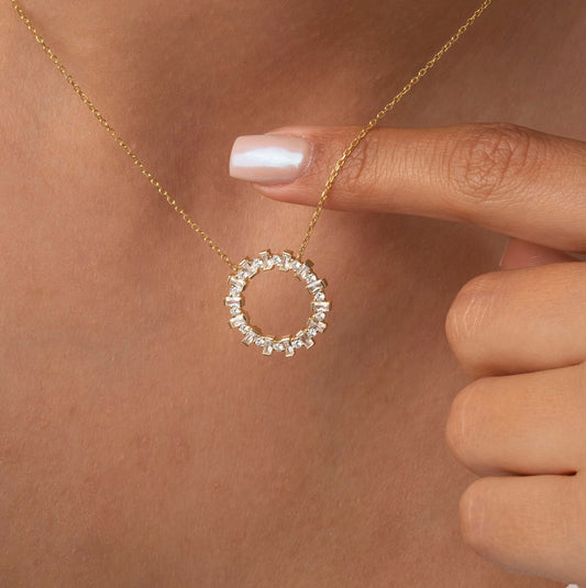14k Gold and Diamond Circle Necklace / Baguette Round Diamond Circle Necklace / Large Diamond Circle / Circle of Life Necklace / Gold Circle