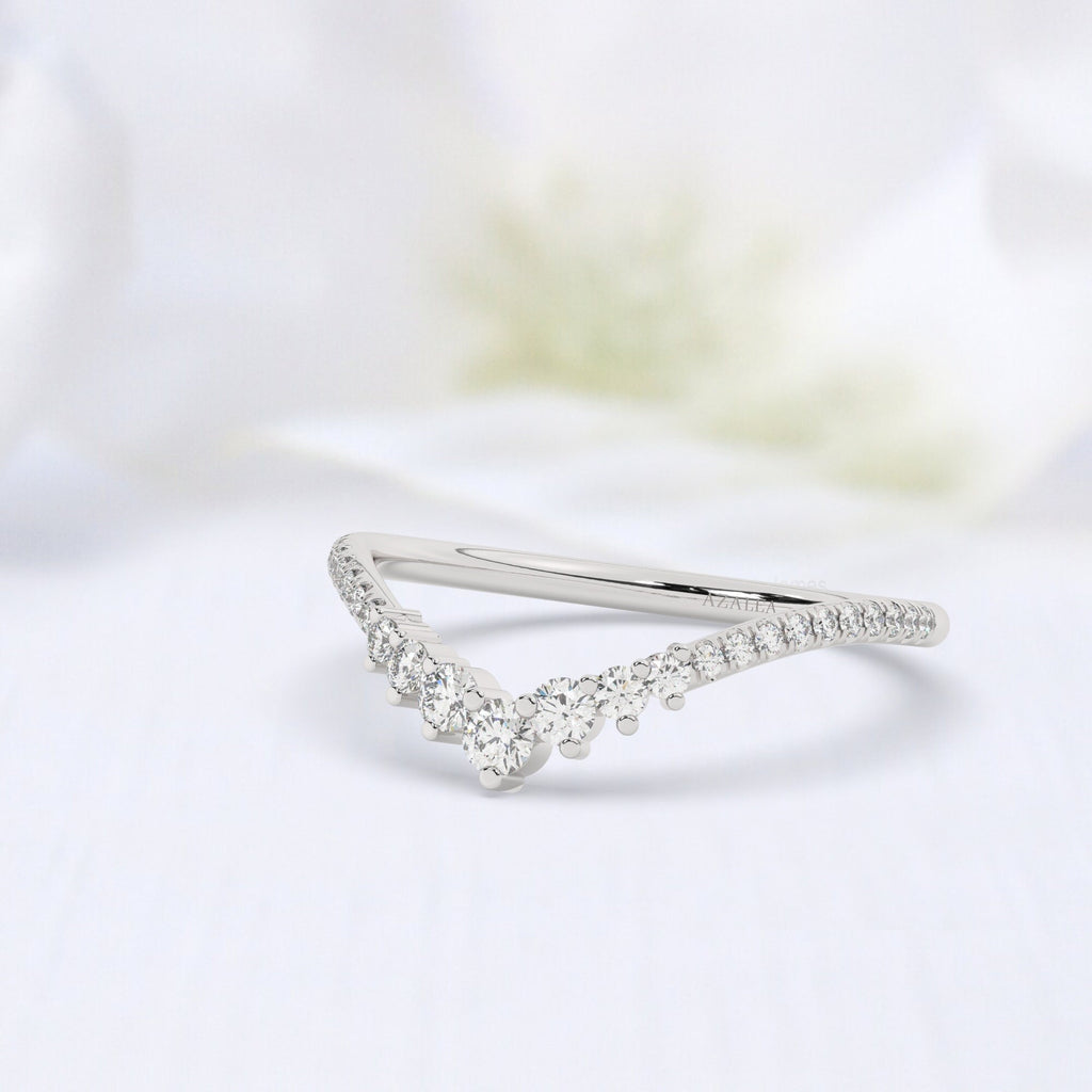 Curved Diamond Wedding Ring / 14k Gold Curved Diamond Chevron Wedding Band / Curved Stacking Ring / Engagement Ring / Diamond Gift Ideas