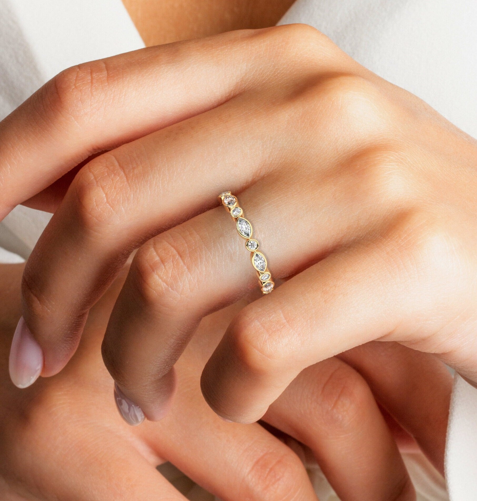Diamond Eternity Band / 14k Gold Alternating Diamond Eternity Wedding Band / Bezel set wedding band / Diamond Stacking Ring / Birthday Gift