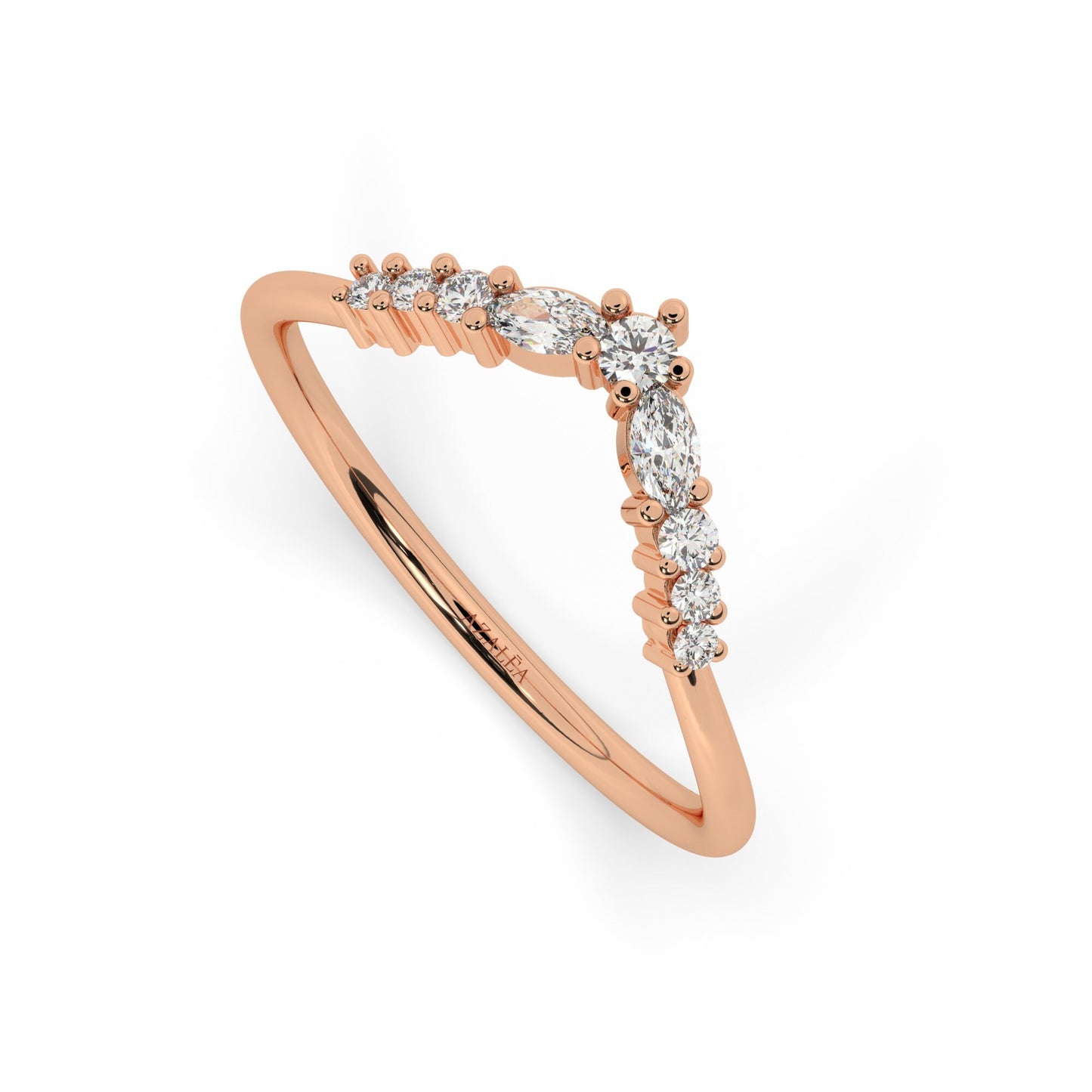 Curved Round Diamond Wedding Band / 14k Gold V Shape Marquise Diamond Wedding Ring / Curved Stacking Ring / Diamond Chevron Ring