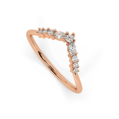 Curved Round Diamond Wedding Band / 14k Gold V Shape Marquise Diamond Wedding Ring / Curved Stacking Ring / Diamond Chevron Ring