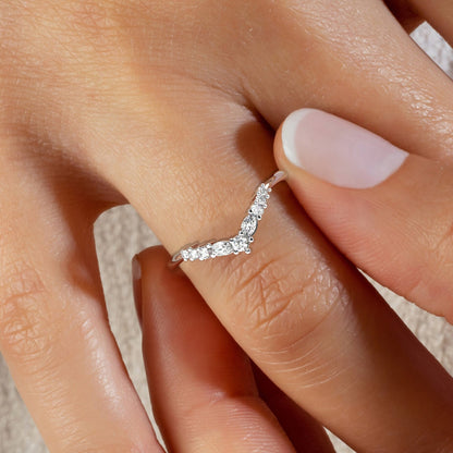 Curved Round Diamond Wedding Band / 14k Gold V Shape Marquise Diamond Wedding Ring / Curved Stacking Ring / Diamond Chevron Ring