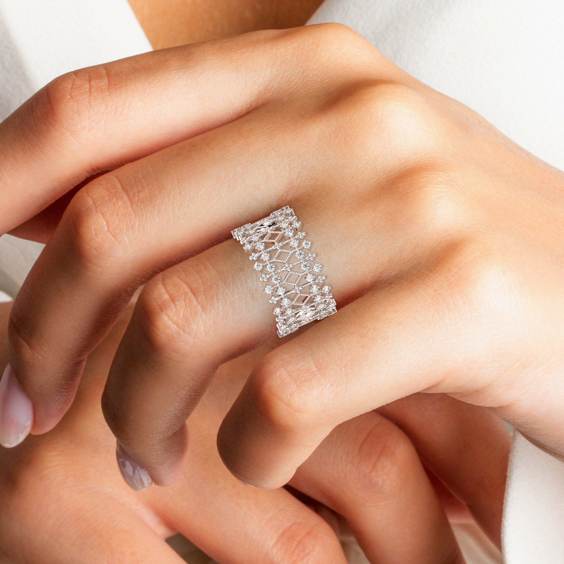 Unique Diamond Statement Ring / 14k Gold and Diamond / Stacking Ring / Diamond Bridal Gift Ideas