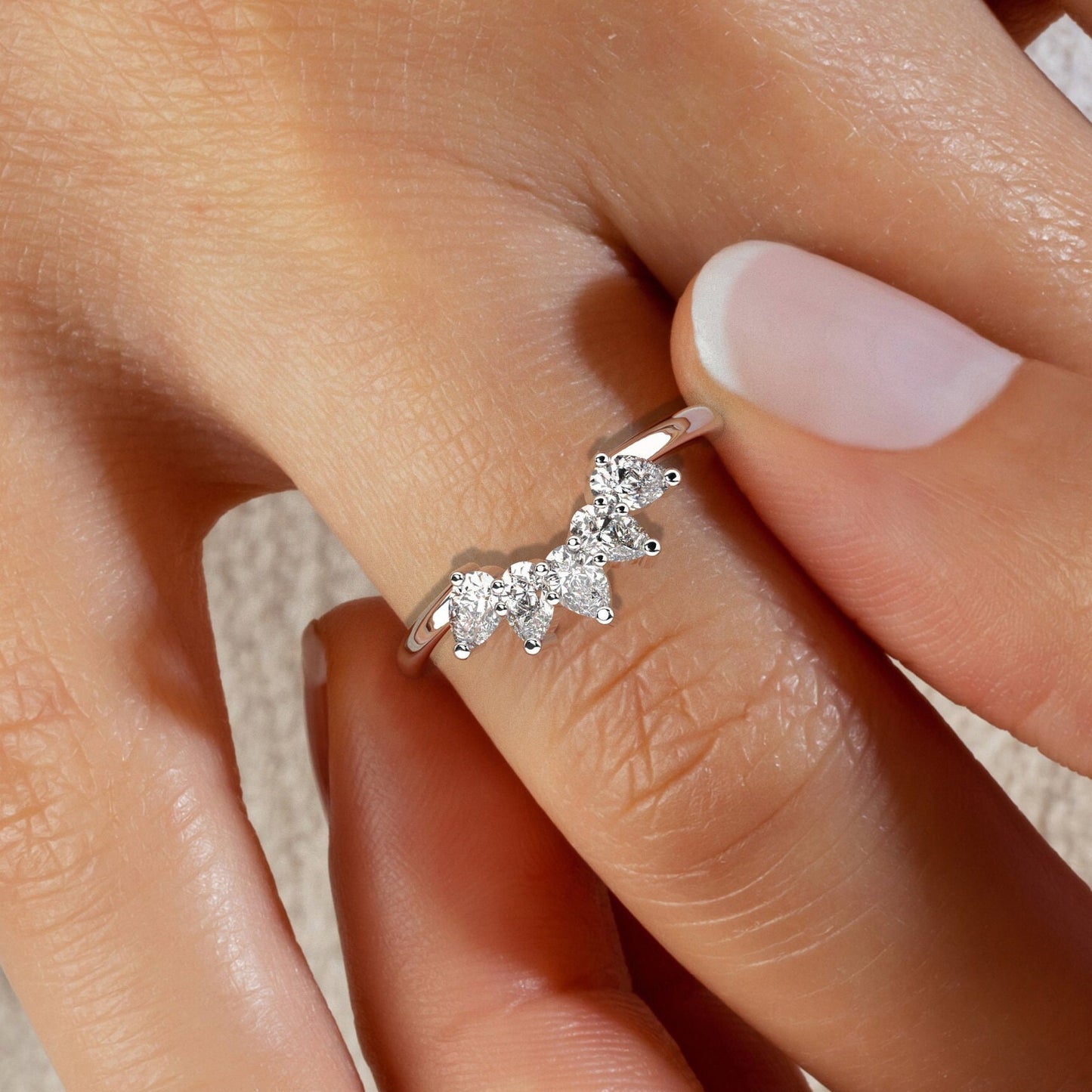 Curved Diamond Wedding Band / 14k Gold Pear Diamond Wedding Band / Curved Stacking Ring / Diamond Stacking Ring