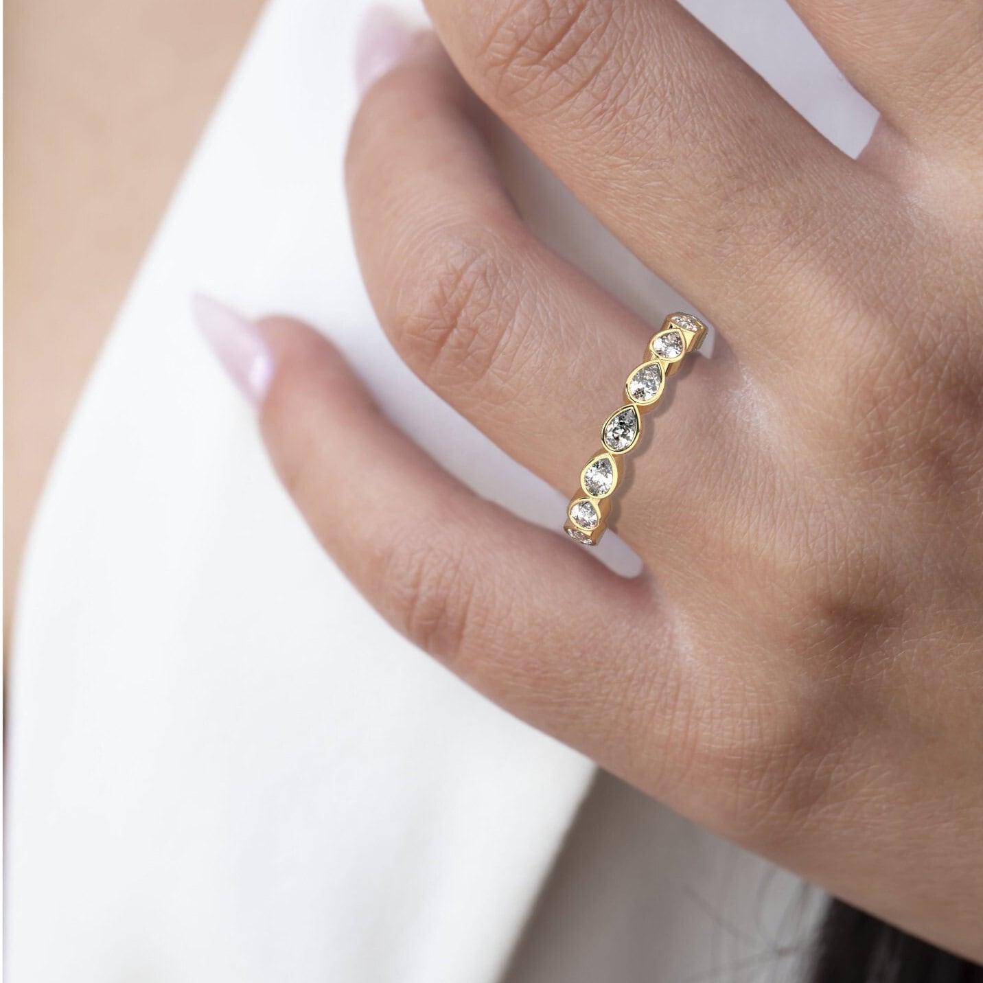 1.4 - 2.4 CT Pear Diamond Wedding Band / 14k Gold Bezel Set Full Eternity Diamond Wedding Ring / Diamond Anniversary Ring / Wedding Gift
