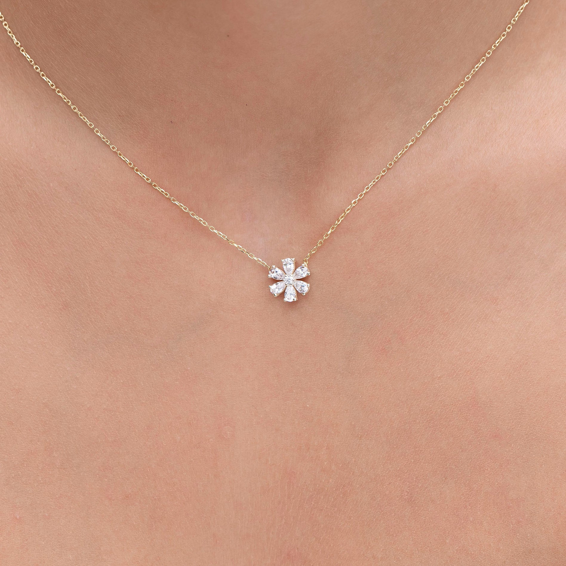 Diamond Flower Necklace | Flower Petal Necklace | Pear Round Diamond Necklace | Flower Pendant | Gift for Women | Bridesmaid Gift