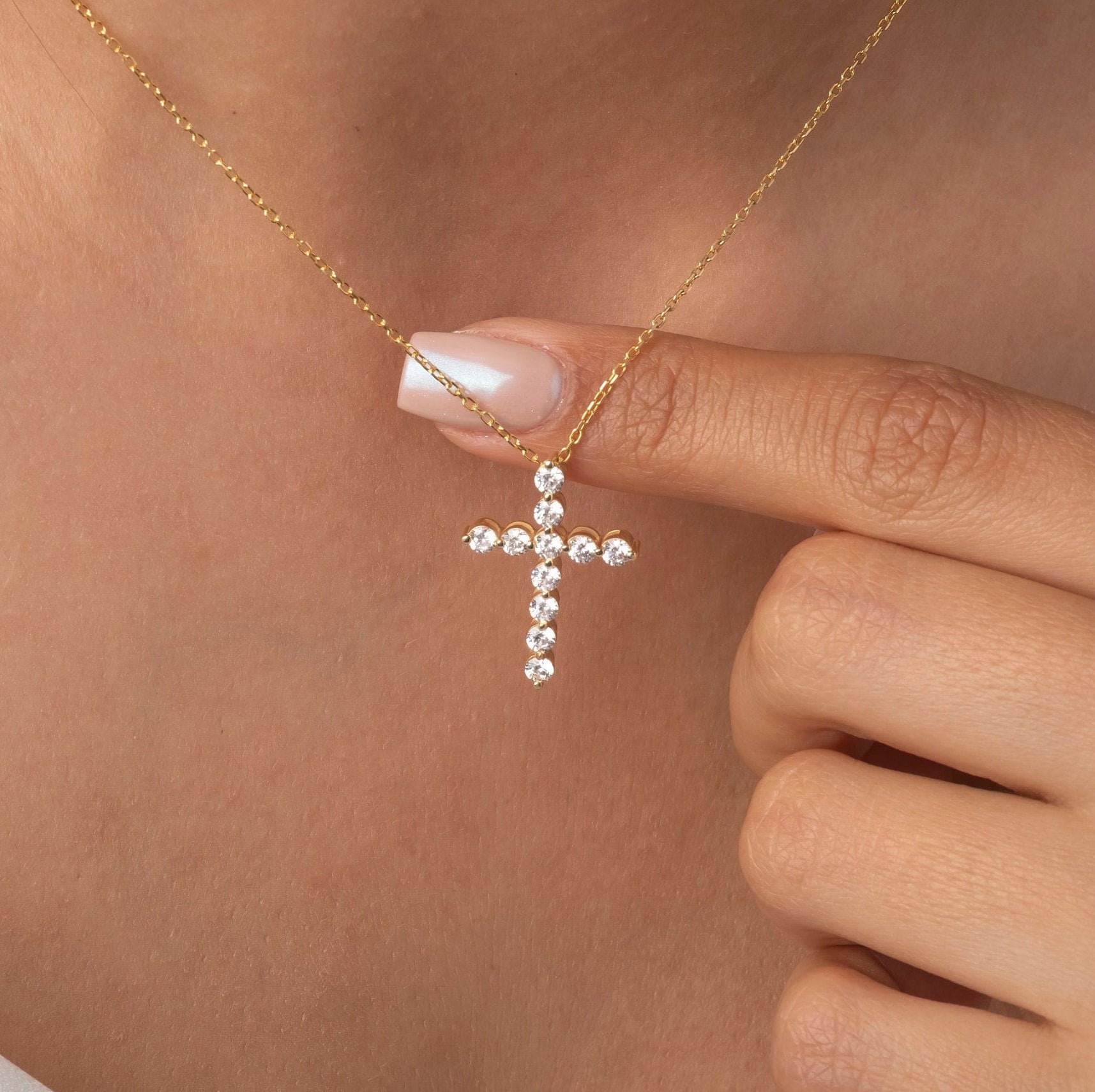 14k Gold Diamond Cross Necklace / 1 CT Floating Diamond Cross Necklace / Moissanite Lab Diamond / Fine jewelry / Unisex gift