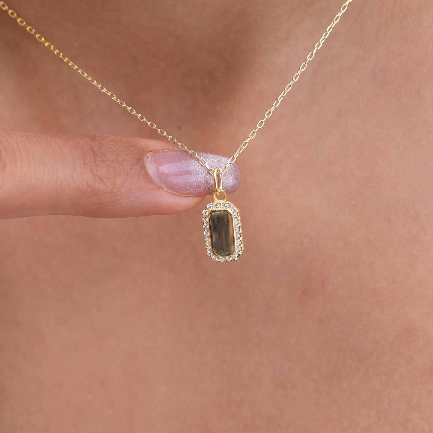 Diamond Dog tag Necklace / 14k Gold Diamond Border Dog Tag Necklace / Engravable Dog Tag Necklace / Graduation Gift / Anniversary Gift