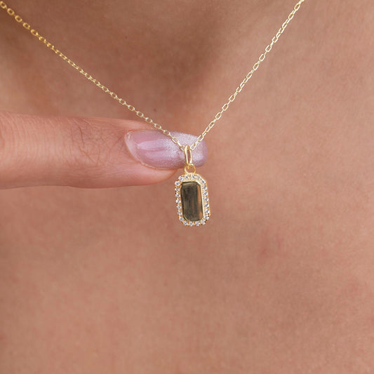 Diamond Dog tag Necklace / 14k Gold Diamond Border Dog Tag Necklace / Engravable Dog Tag Necklace / Graduation Gift / Anniversary Gift