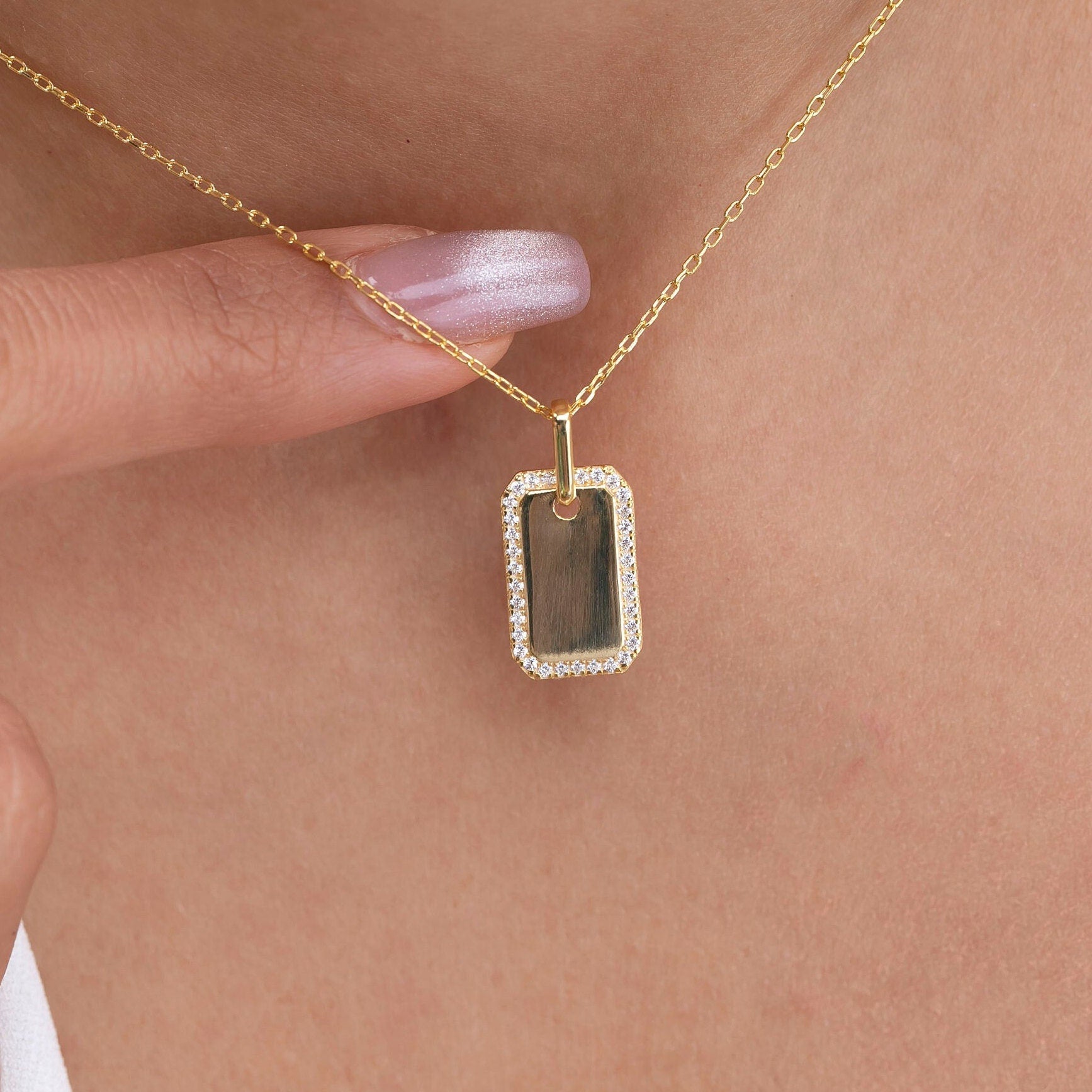 Diamond Dog tag Necklace / 14k Gold Diamond Border Dog Tag Necklace / Engravable Dog Tag Necklace / Graduation Gift / Anniversary Gift