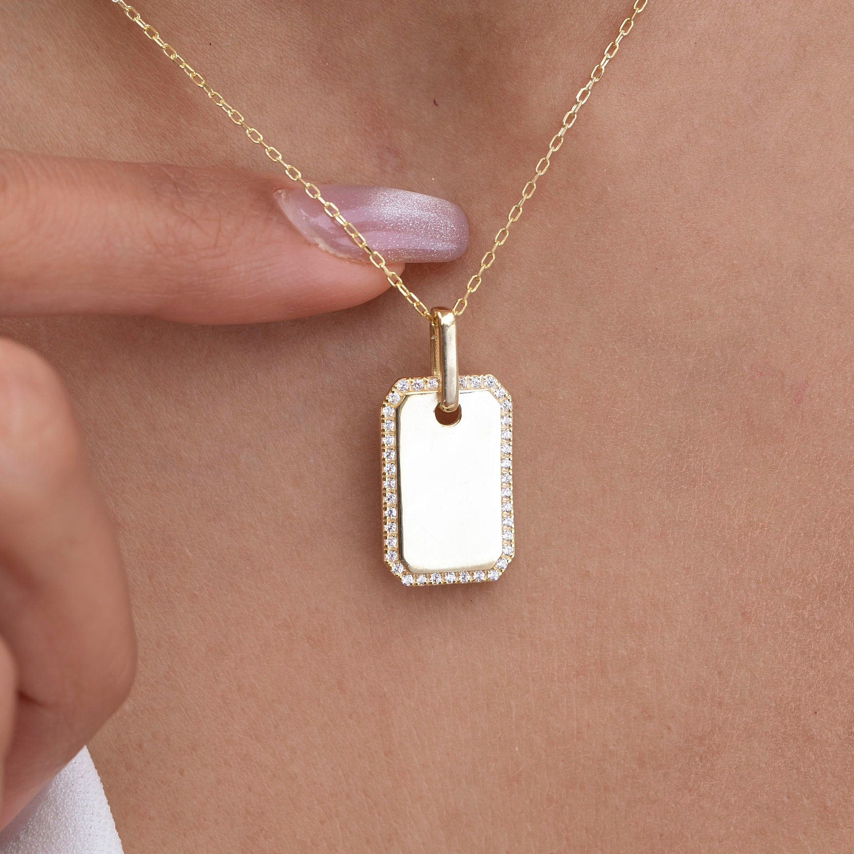 Diamond Dog tag Necklace / 14k Gold Diamond Border Dog Tag Necklace / Engravable Dog Tag Necklace / Graduation Gift / Anniversary Gift