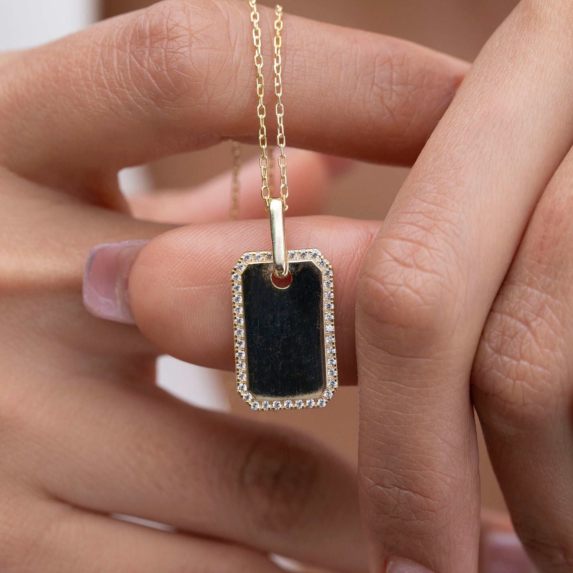 Diamond Dog tag Necklace / 14k Gold Diamond Border Dog Tag Necklace / Engravable Dog Tag Necklace / Graduation Gift / Anniversary Gift