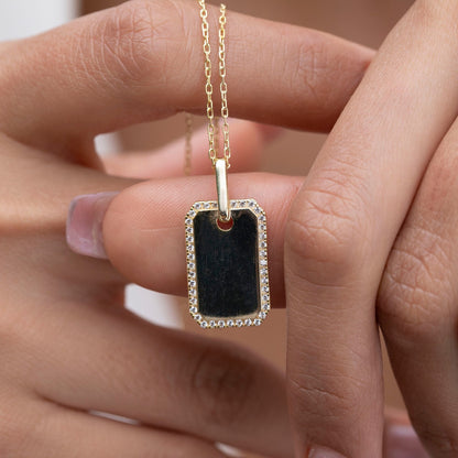 Diamond Dog tag Necklace / 14k Gold Diamond Border Dog Tag Necklace / Engravable Dog Tag Necklace / Graduation Gift / Anniversary Gift