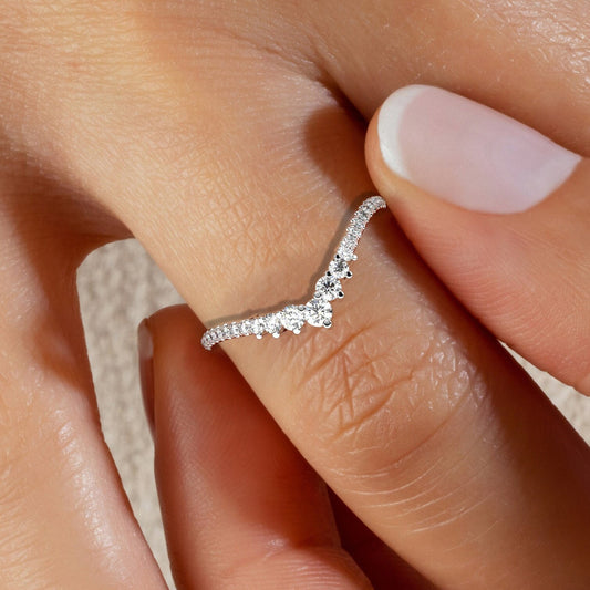 Curved Diamond Wedding Ring / 14k Gold Curved Diamond Chevron Wedding Band / Curved Stacking Ring / Engagement Ring / Diamond Gift Ideas