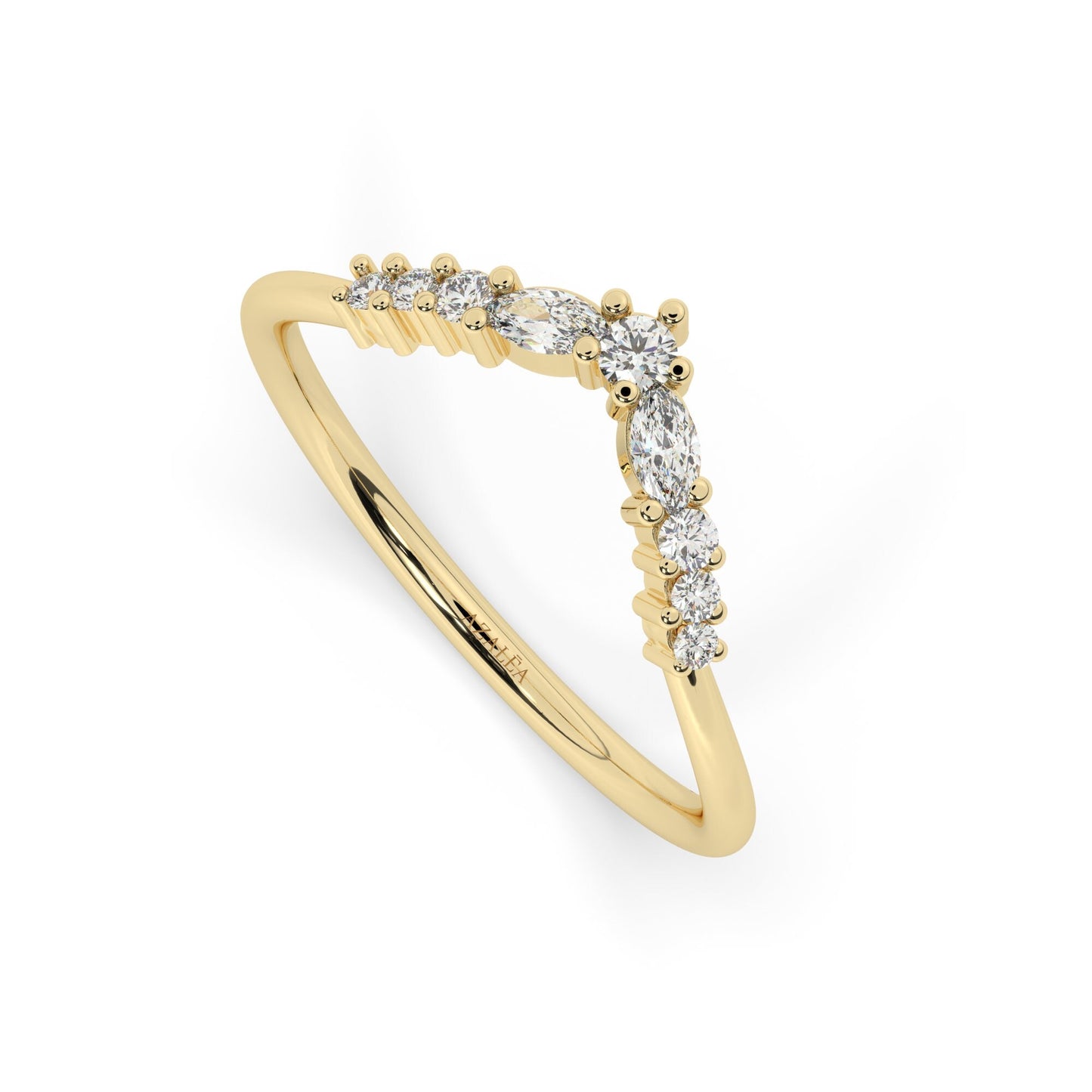 Curved Round Diamond Wedding Band / 14k Gold V Shape Marquise Diamond Wedding Ring / Curved Stacking Ring / Diamond Chevron Ring