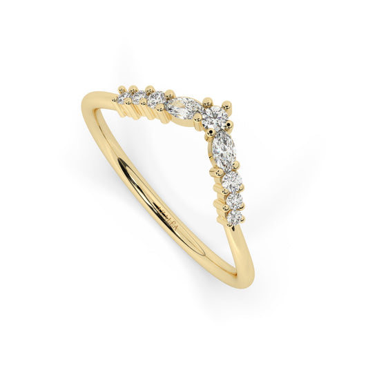 Curved Round Diamond Wedding Band / 14k Gold V Shape Marquise Diamond Wedding Ring / Curved Stacking Ring / Diamond Chevron Ring