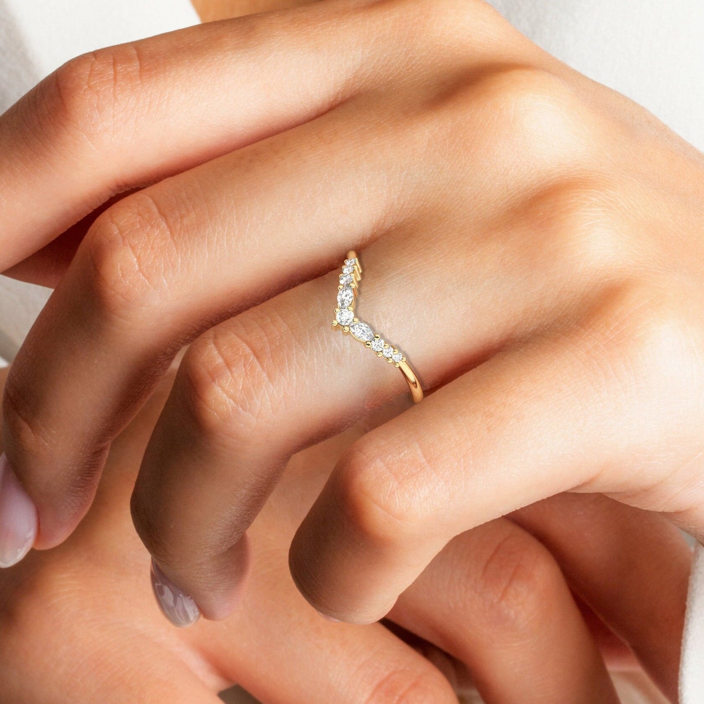Curved Round Diamond Wedding Band / 14k Gold V Shape Marquise Diamond Wedding Ring / Curved Stacking Ring / Diamond Chevron Ring