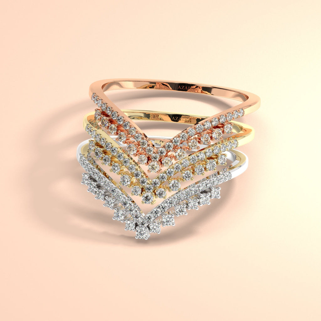 Curved Diamond Wedding Band / 14k Gold Diamond Cluster Wedding Ring / Diamond V Ring / Wedding Ring / Stacking Ring / Engagement Ring