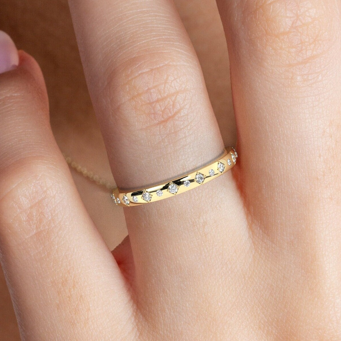 Diamond Eternity Wedding Band / 14k Gold Engraved Diamond Stacking Ring / Engraved Round Diamond Stackable Ring / Anniversary Gift Ideas