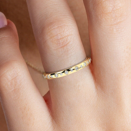 Diamond Eternity Wedding Band / 14k Gold Engraved Diamond Stacking Ring / Engraved Round Diamond Stackable Ring / Anniversary Gift Ideas